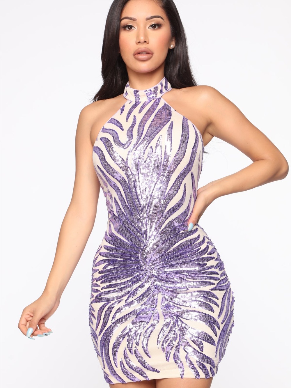 Fashion Nova Lavender Sequin Halter Bodycon Mini Dress - Picture 3 of 8